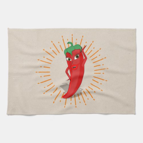 Red Pepper Diva With Vintage Sunburst Drawing  Kitchen Towel