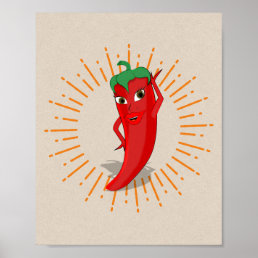 Red Pepper Diva With Vintage Sunburst Drawing Poster