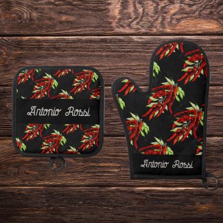 red pepper pattern - name  oven mitt & pot hol