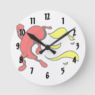 Red pepper running yellow flames behind round clock