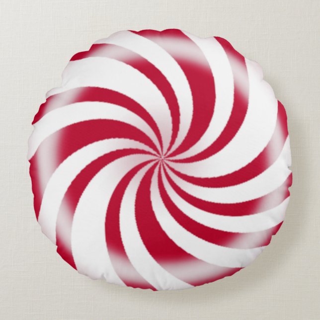 Red Peppermint Candy Swirl Holiday Round Pillow (Front)