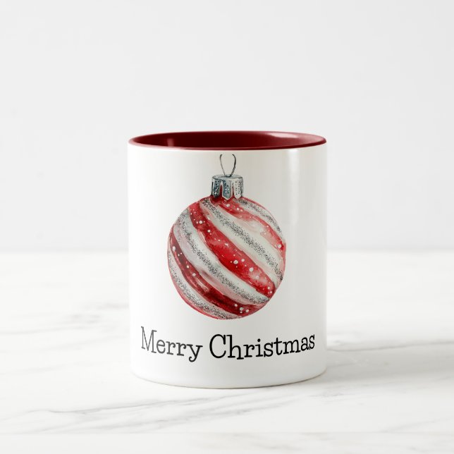 Red Peppermint Christmas Ornament Two-Tone Coffee Mug (Center)