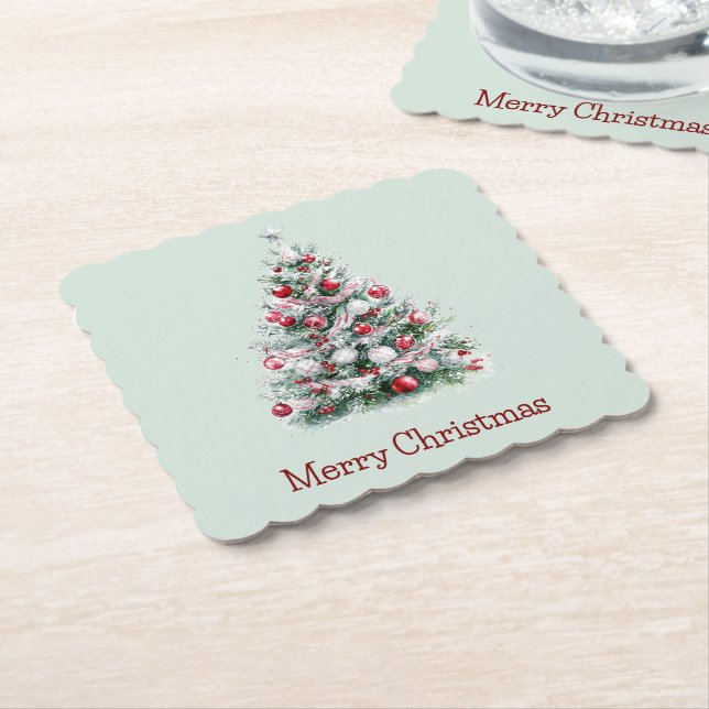 Red Peppermint Christmas Tree Paper Coaster (Angled)