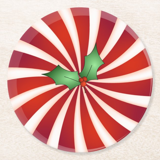 Red Peppermint Swirl Holly Paper Coaster