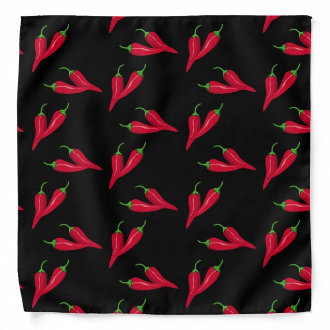 Red peppers pattern, chili pepper on black fabric bandana (Front)