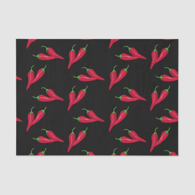 Red peppers pattern, chili pepper on black paper (Front)