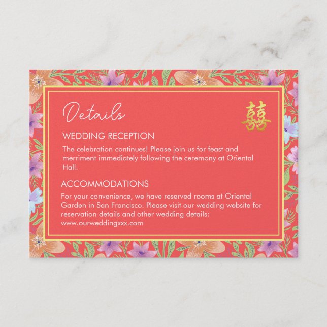 Red Peranakan floral Chinese wedding details Enclosure Card (Front)