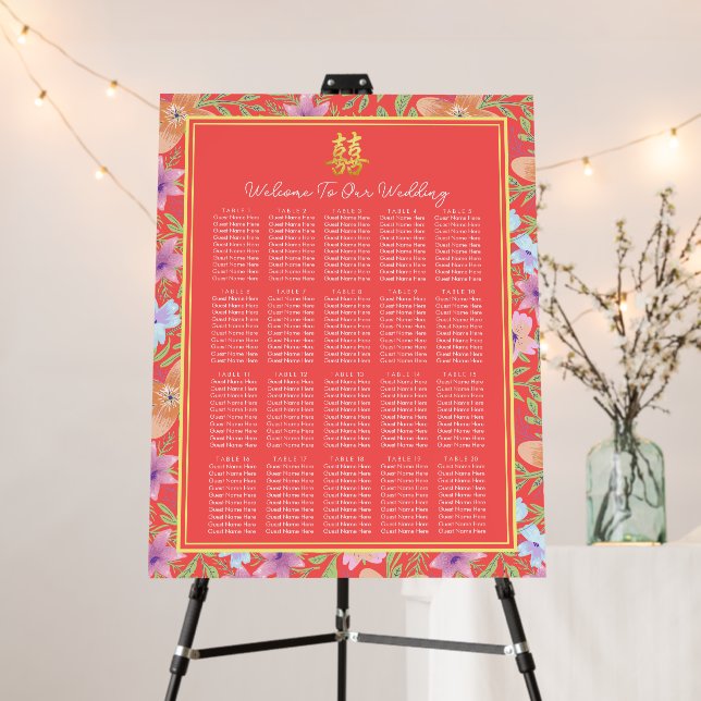 Red Peranakan floral Chinese wedding seating chart Foam Board (In Situ (Stand))