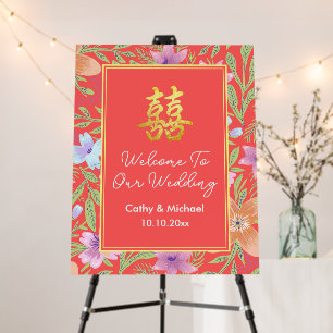 Red Peranakan floral Chinese wedding welcome sign