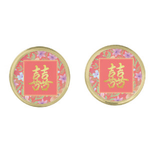 Red Peranakan floral double xi Chinese wedding Cufflinks