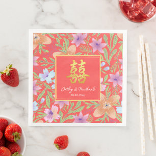 Red Peranakan floral double xi Chinese wedding Paper Dinner Napkins