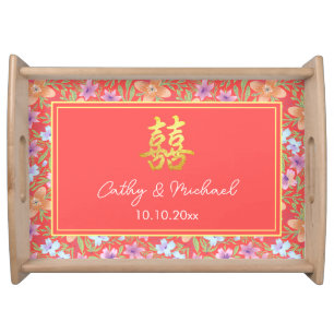 Red Peranakan floral double xi Chinese wedding  Serving Tray
