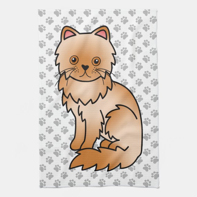 Red Persian Cute Cartoon Cat Illustration Kitchen Towel (Vertical)
