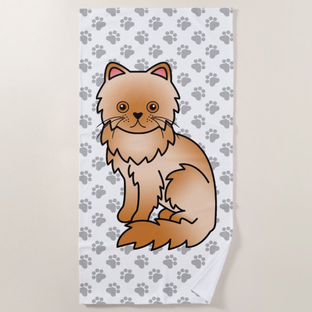 Red Persian Cute Cartoon Cat & Paws Beach Towel (Front)