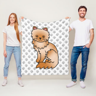 Red Persian Cute Cartoon Cat &amp; Paws Fleece Blanket