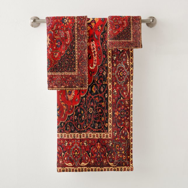 Red Persian Rug from Mashhad Bath Towel Set (Insitu)