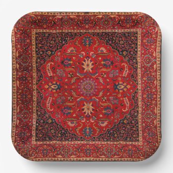 Red Persian Rug From Mashhad Paper Plate by Remembrances at Zazzle