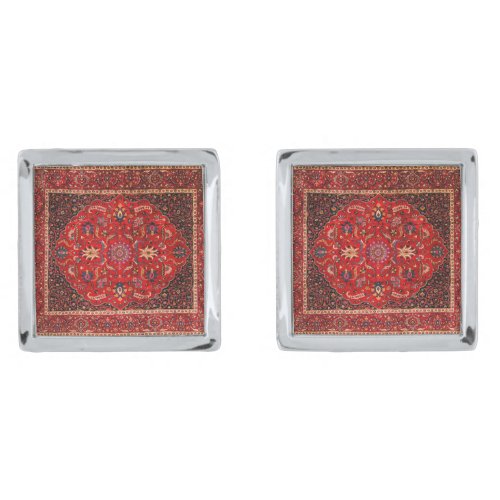 Red Persian Rug from Mashhad Silver Cufflinks