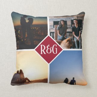 Red Personalized 4 Photo Monogram Throw Pillow