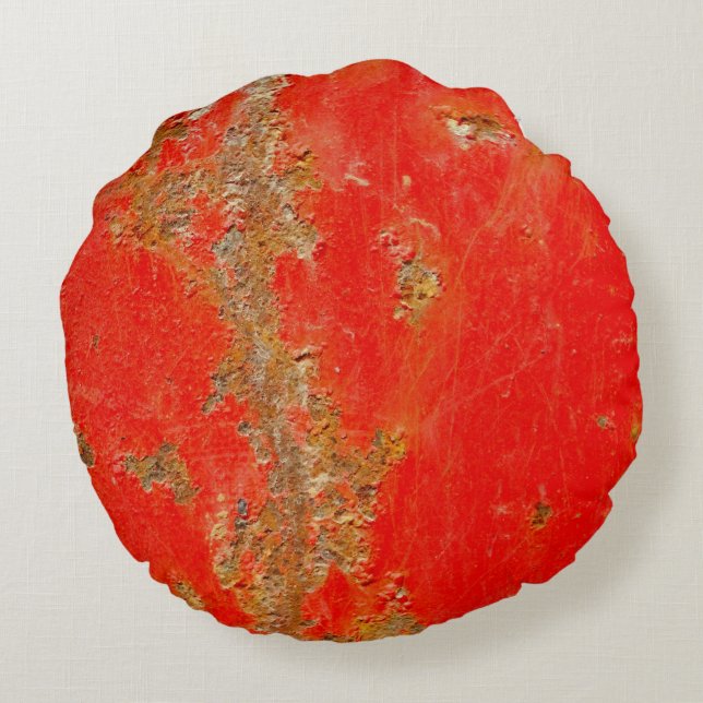 Red personalized antique car, rusted metal round pillow (Back)