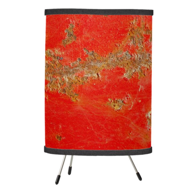 Red personalized antique car, rusted metal tripod lamp (Left)