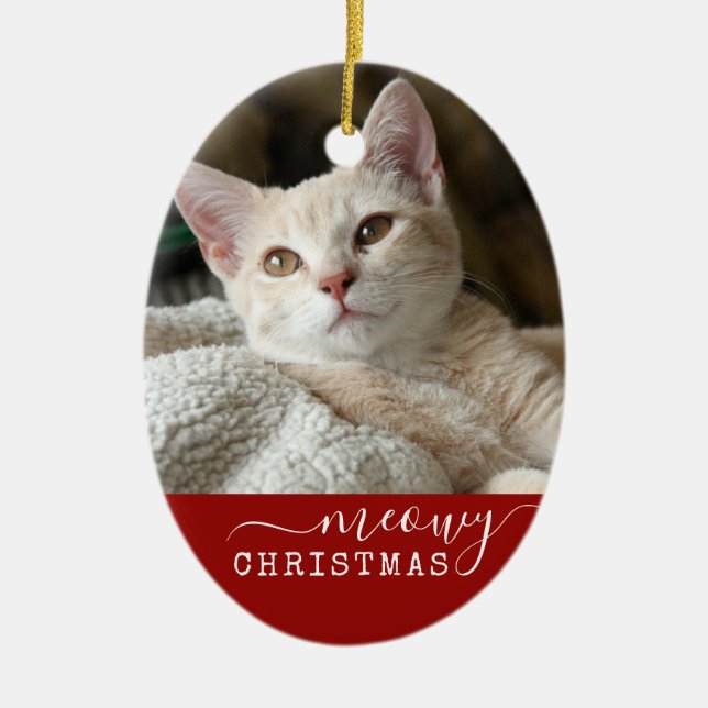 Red Personalized Cat Photo Meowy Christmas Oval Ceramic Ornament (Front)