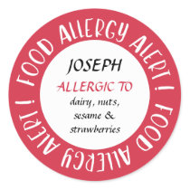 Red Personalized Food Allergy Alert Customized Classic Round Sticker