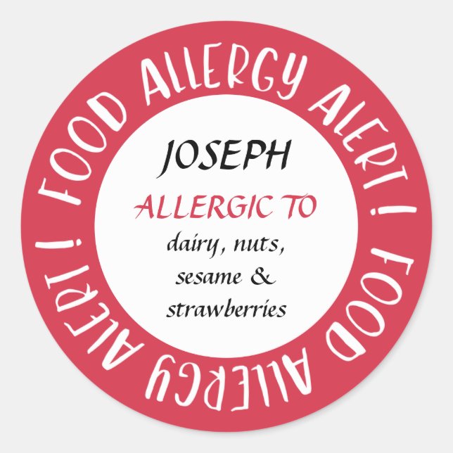Red Personalized Food Allergy Alert Customized Classic Round Sticker (Front)