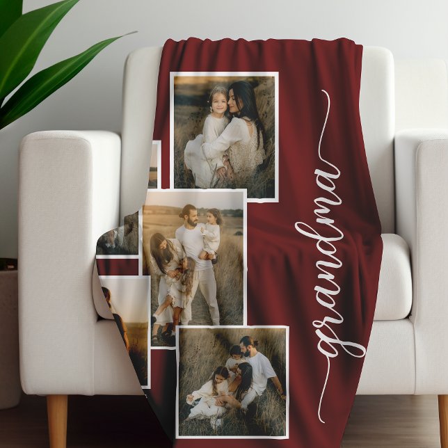 Red Personalized Grandma Grandkid 5 Photo Collage  Fleece Blanket (Creator Uploaded)