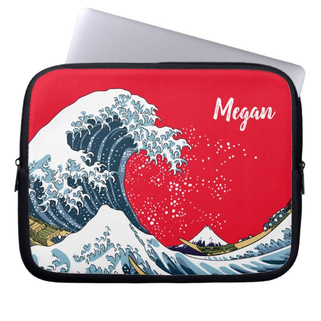 Red Personalized Great Wave off Kanagawa Laptop Sleeve (Front)