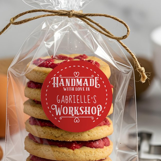 Red Personalized Handmade with Love in Workshop Classic Round Sticker (Red Personalized Handmade with Love in Workshop Classic Round Sticker)