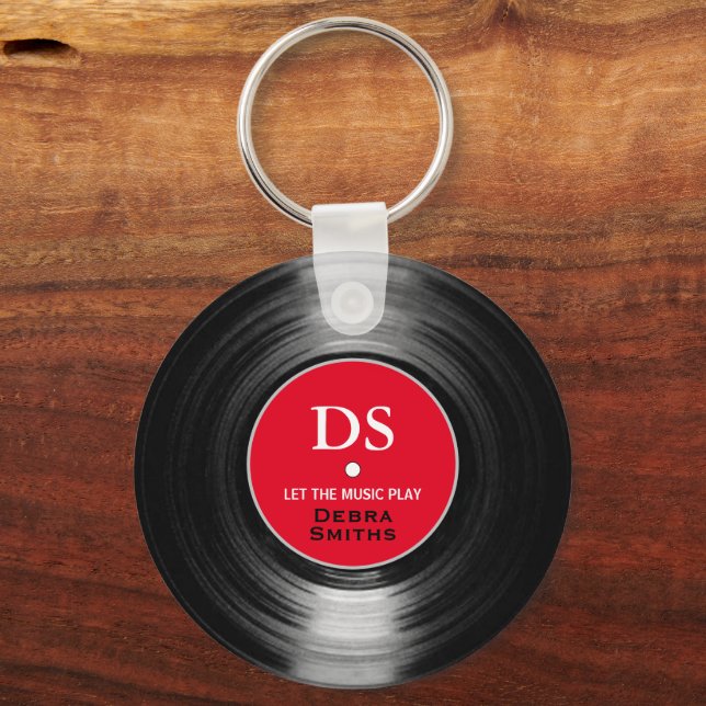 Red personalized music vinyl record keychain (Front)