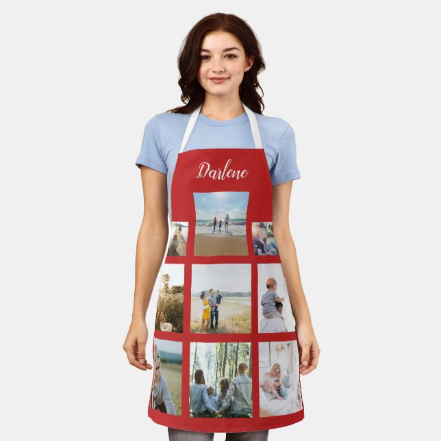 Red Personalized Name Photo Collage Custom Gift Apron (Worn)