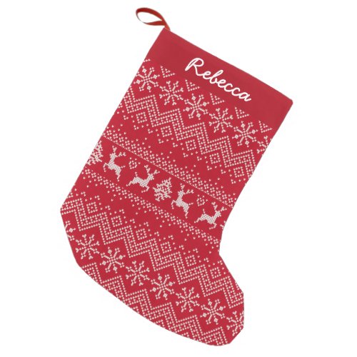 Red personalized Name snowflake And Reindeer Small Christmas Stocking
