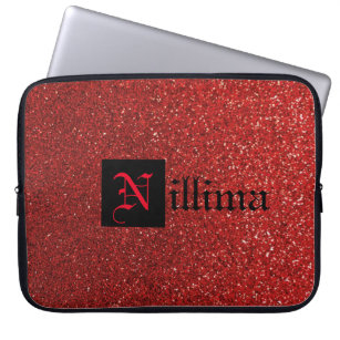 Red Personalized name trendy faux glitter L Laptop Sleeve