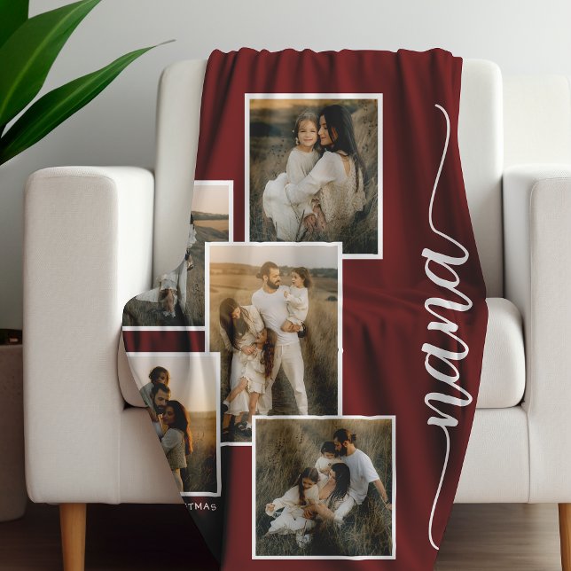 Red Personalized Nana Grandkid 5 Photo Collage  Fleece Blanket (Creator Uploaded)