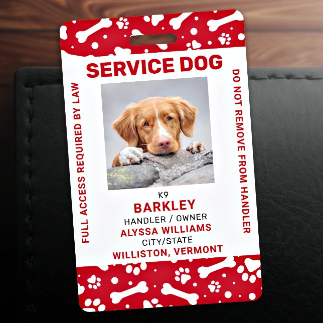 Red Personalized Paw Prints Service Dog Photo ID Badge (Creator Uploaded)