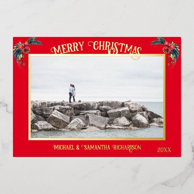 Red Personalized Photo Foil Holiday Card (Front)