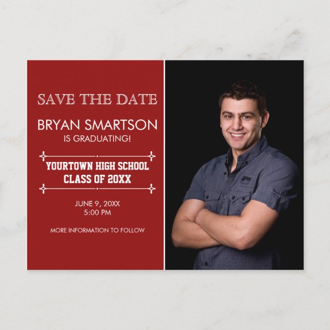 Red Personalized Photo Graduation Save the Date Postcard (Front)