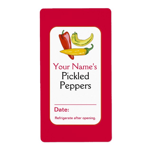 Red Personalized Pickle Labels for Jars Peppers (Front)
