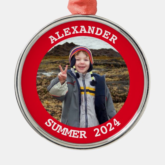 Red Personalized Round Family Photo Metal Ornament (Front)