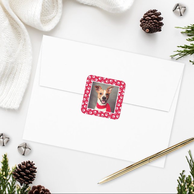 Red Pet Dog Paw Print Pattern Holiday Photo Square Sticker (Creator Uploaded)