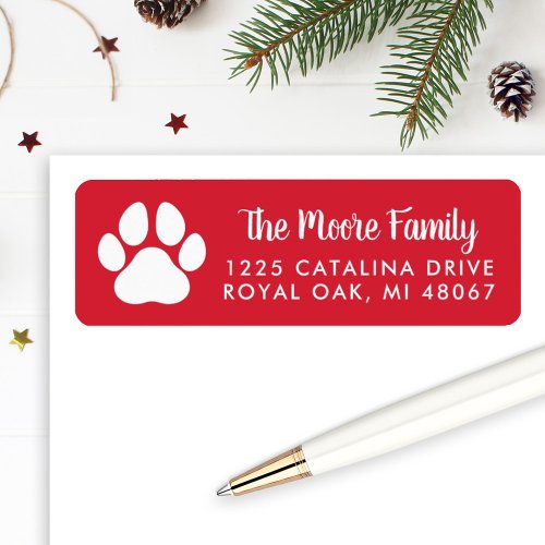 Red Pet Lover Paw Print Holiday Return Address Label