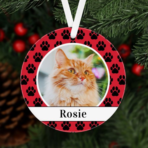 Red Pet Paw Prints Custom Cat Name Photo Ornament