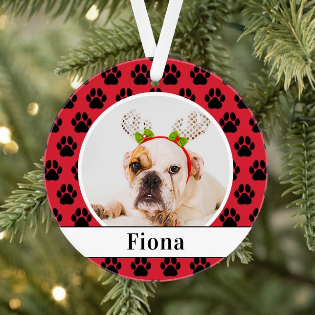Red Pet Paw Prints Custom Dog Name Photo Ornament (Creator Uploaded)