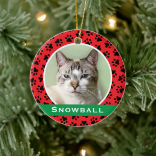 Red Pet Paw Prints Personalized Cat Name Photo Ceramic Ornament