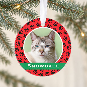 Red Pet Paw Prints Personalized Cat Name Photo Ornament