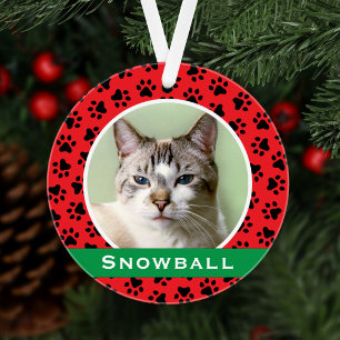 Red Pet Paw Prints Personalized Cat Name Photo Ornament