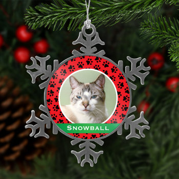 Red Pet Paw Prints Personalized Cat Name Photo Snowflake Pewter Christmas Ornament by Plush_Paper at Zazzle