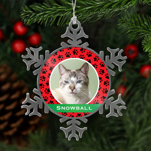Red Pet Paw Prints Personalized Cat Name Photo Snowflake Pewter Christmas Ornament